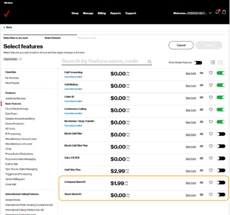 how to change caller id on verizon business account