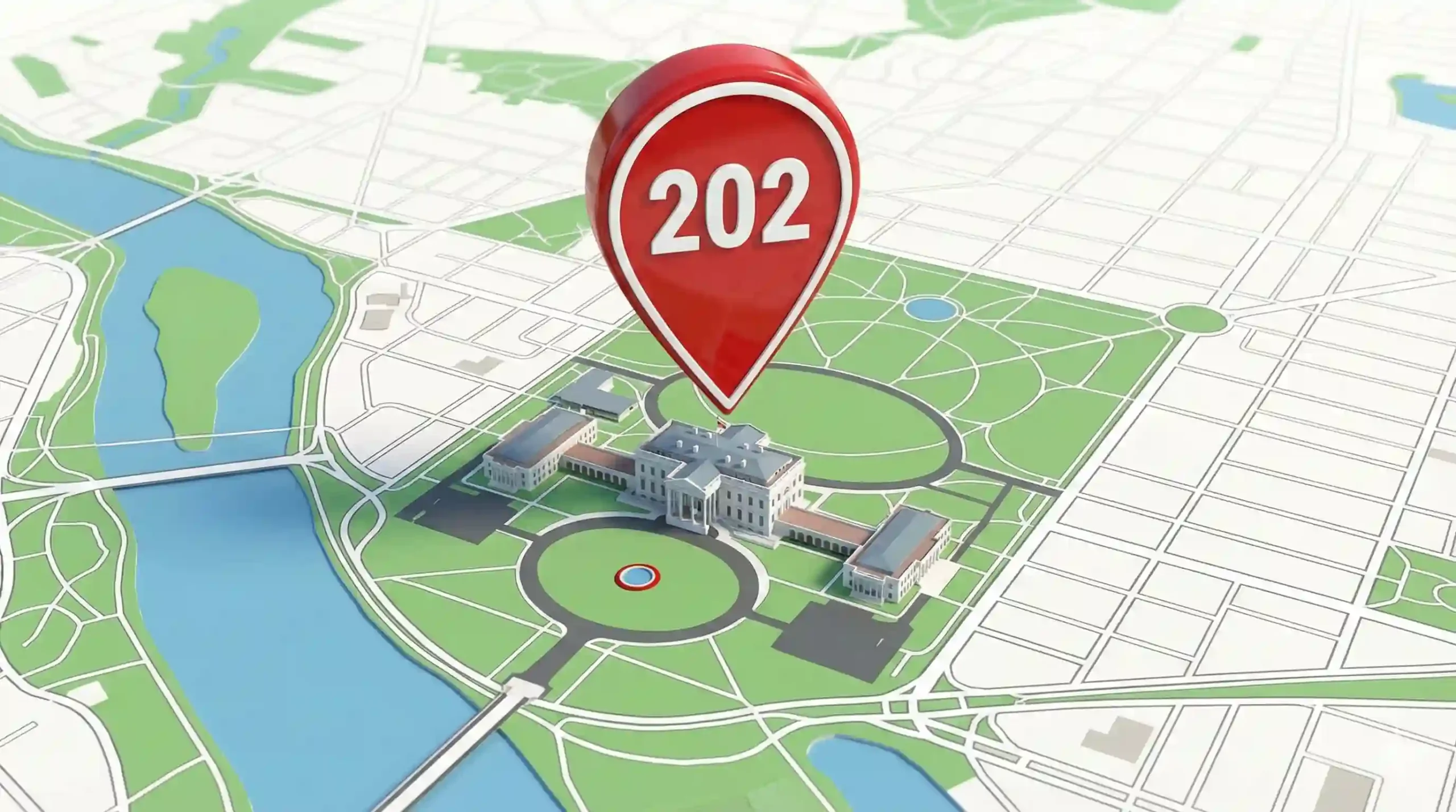 3D map showing the location of 202 area code covering Washington DC with White House icon and red location pin 