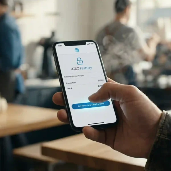 A close up of a person using a smartphone to make a fast one time payment via AT&T FastPay in a cafe, highlighting mobile convenience