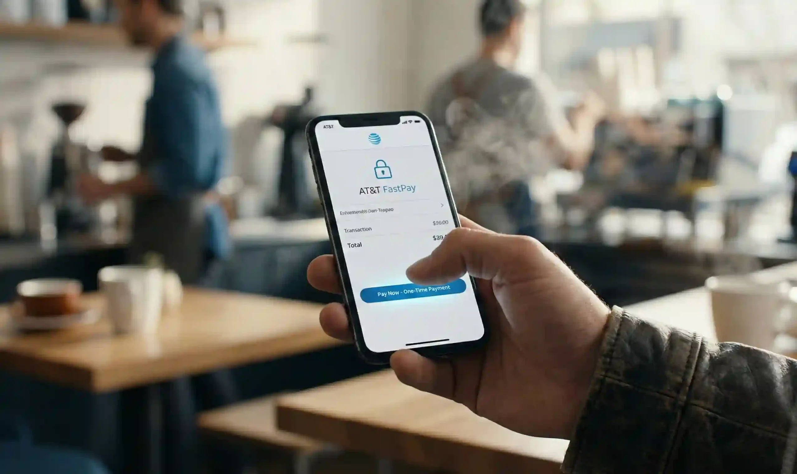 A close up of a person using a smartphone to make a fast one time payment via AT&T FastPay in a cafe, highlighting mobile convenience