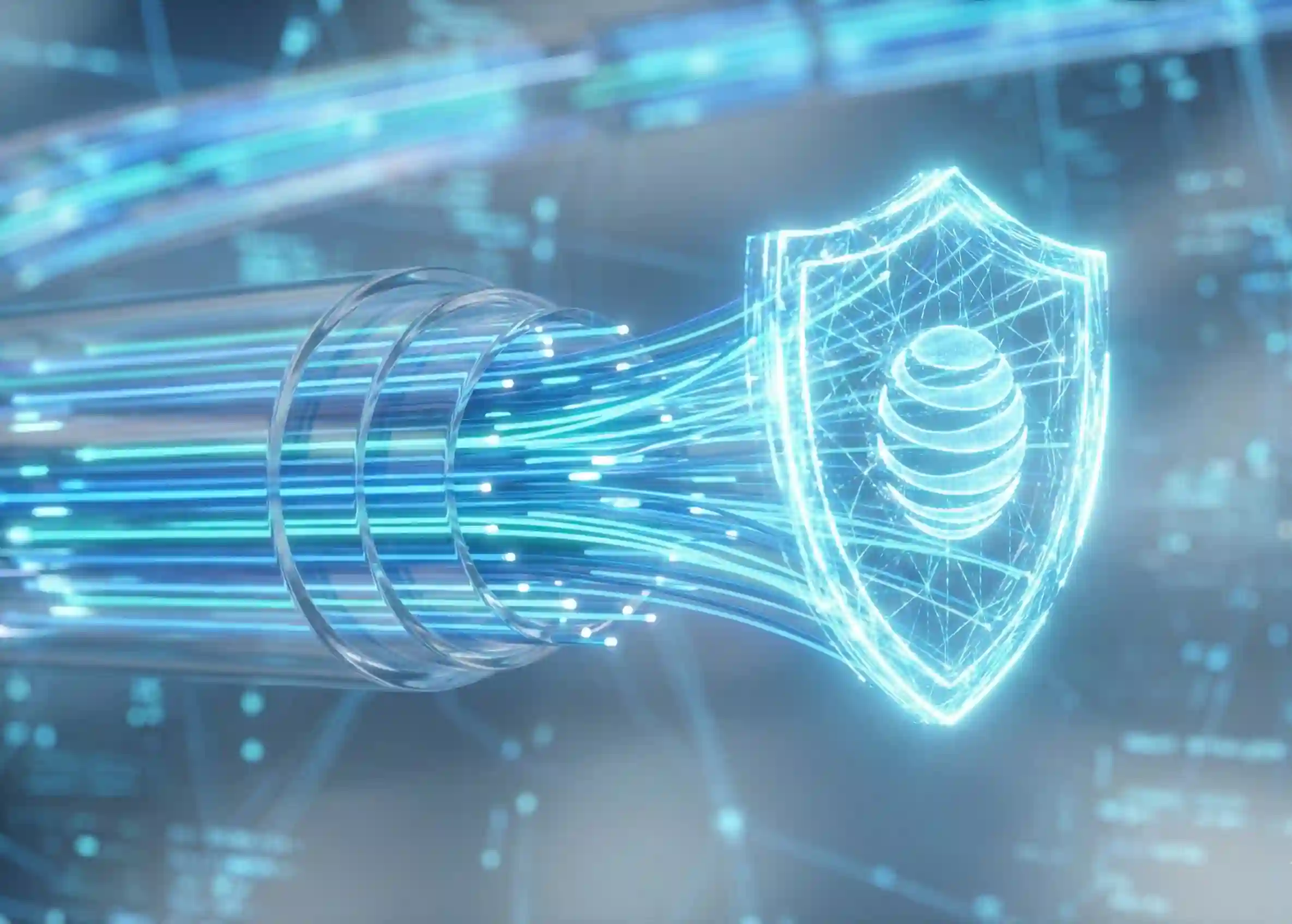 A digital illustration showing secure optical data streams converging into a protective shield with the AT&T logo, symbolizing secure Quick Pay transactions.
