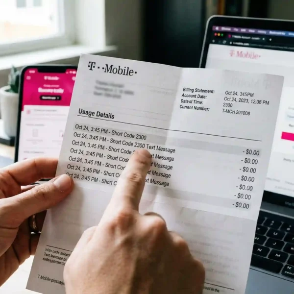A T Mobile billing statement highlighting the T Mobile Short Code 2300 in usage details 