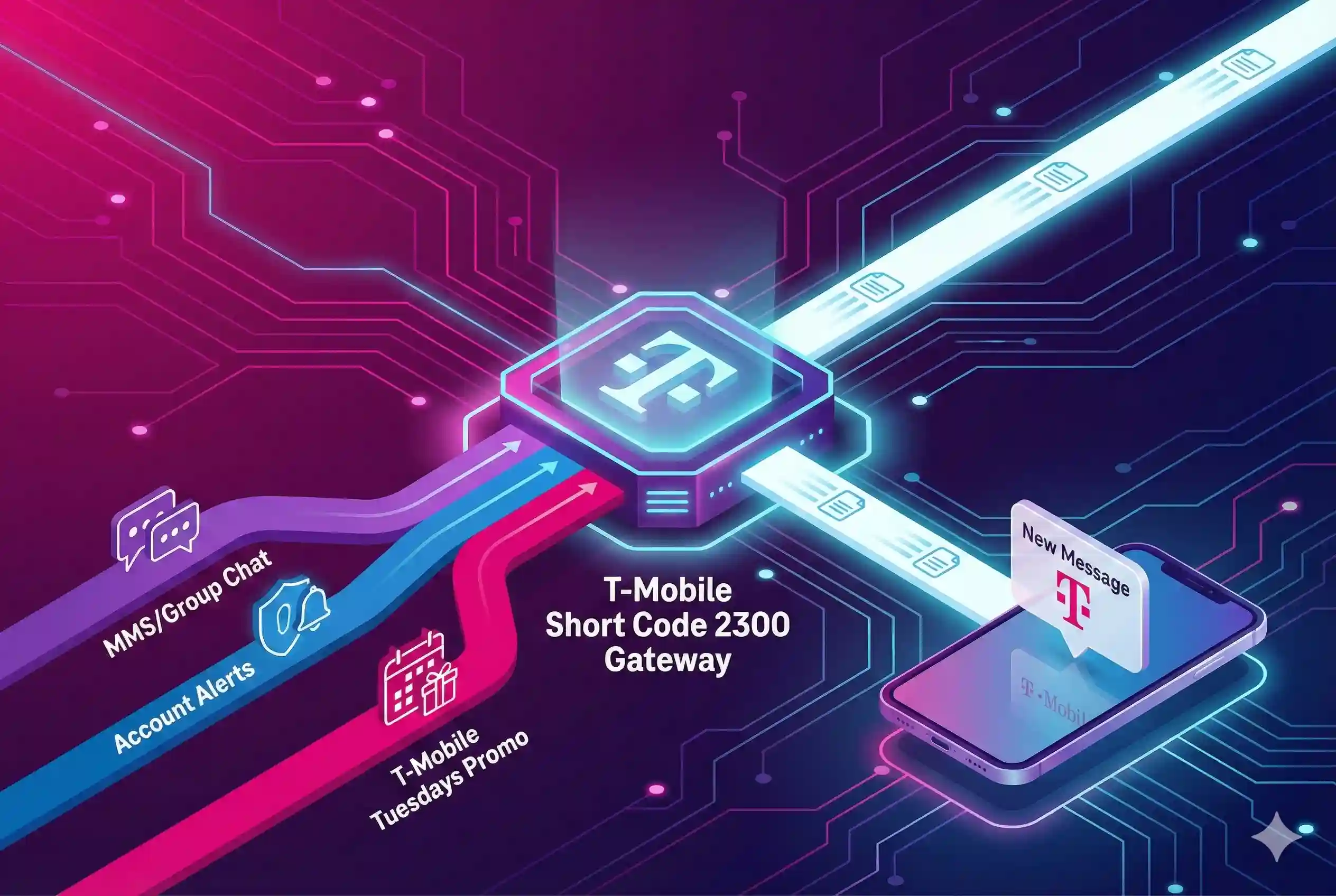 Infographic explaining how T-Mobile Short Code 2300 routes MMS and account alerts.