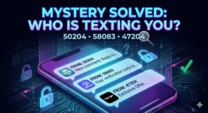 Smartphone displaying text message notifications from short codes 50204, 58083, and 47204 with a digital security theme 