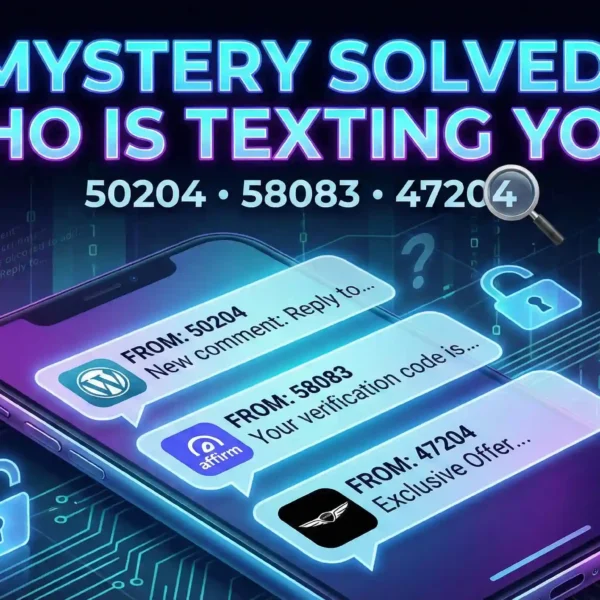 Smartphone displaying text message notifications from short codes 50204, 58083, and 47204 with a digital security theme 