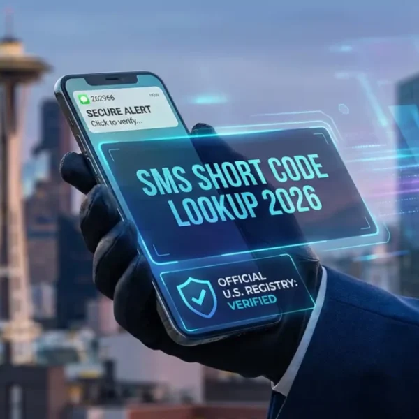 A professional holding a smartphone displaying an SMS short code with a 2026 registry lookup interface overlay 