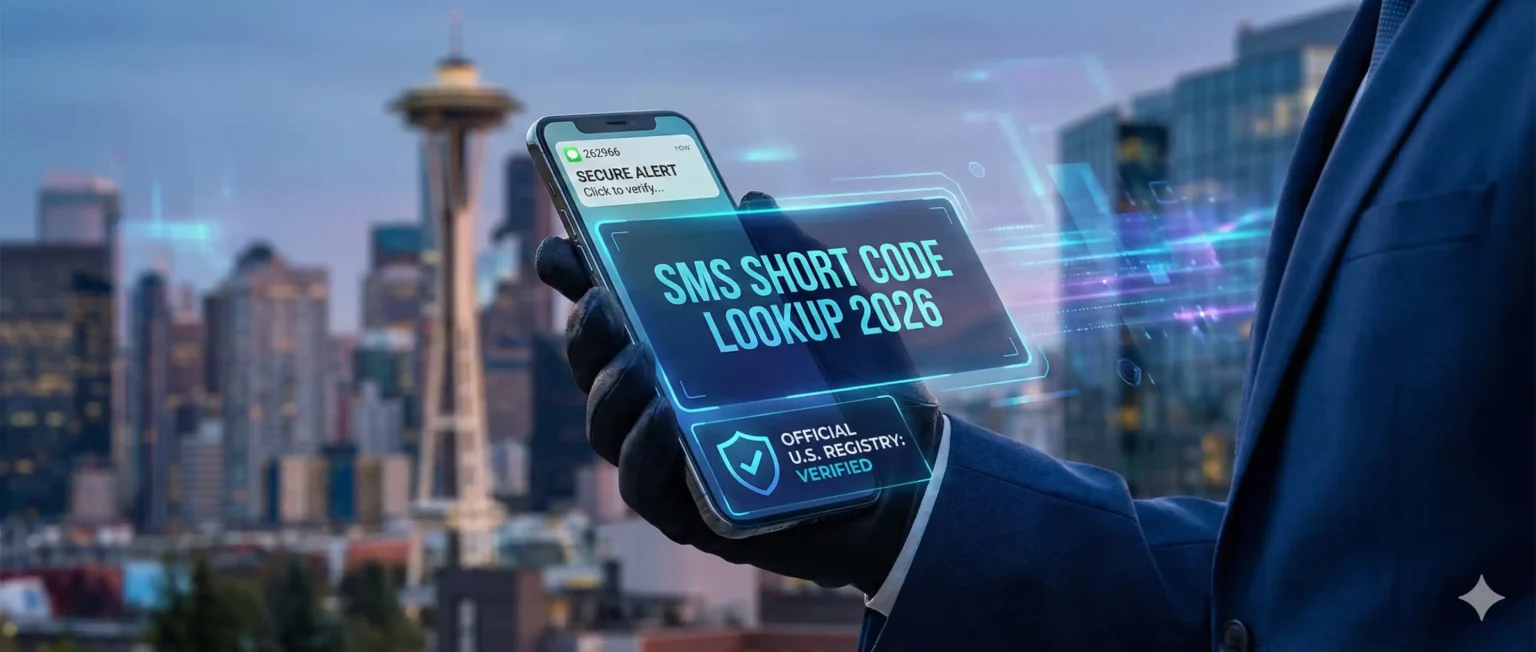 A professional holding a smartphone displaying an SMS short code with a 2026 registry lookup interface overlay 