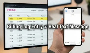 Comparison between a T Mobile 128 text message billing entry and an empty SMS inbox 