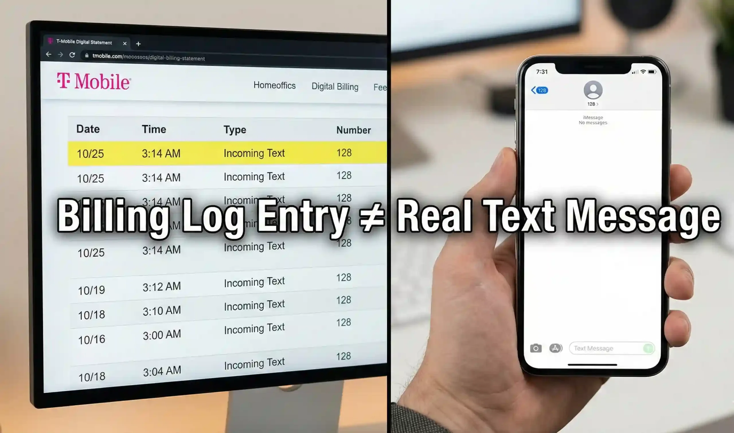 Comparison between a T Mobile 128 text message billing entry and an empty SMS inbox 