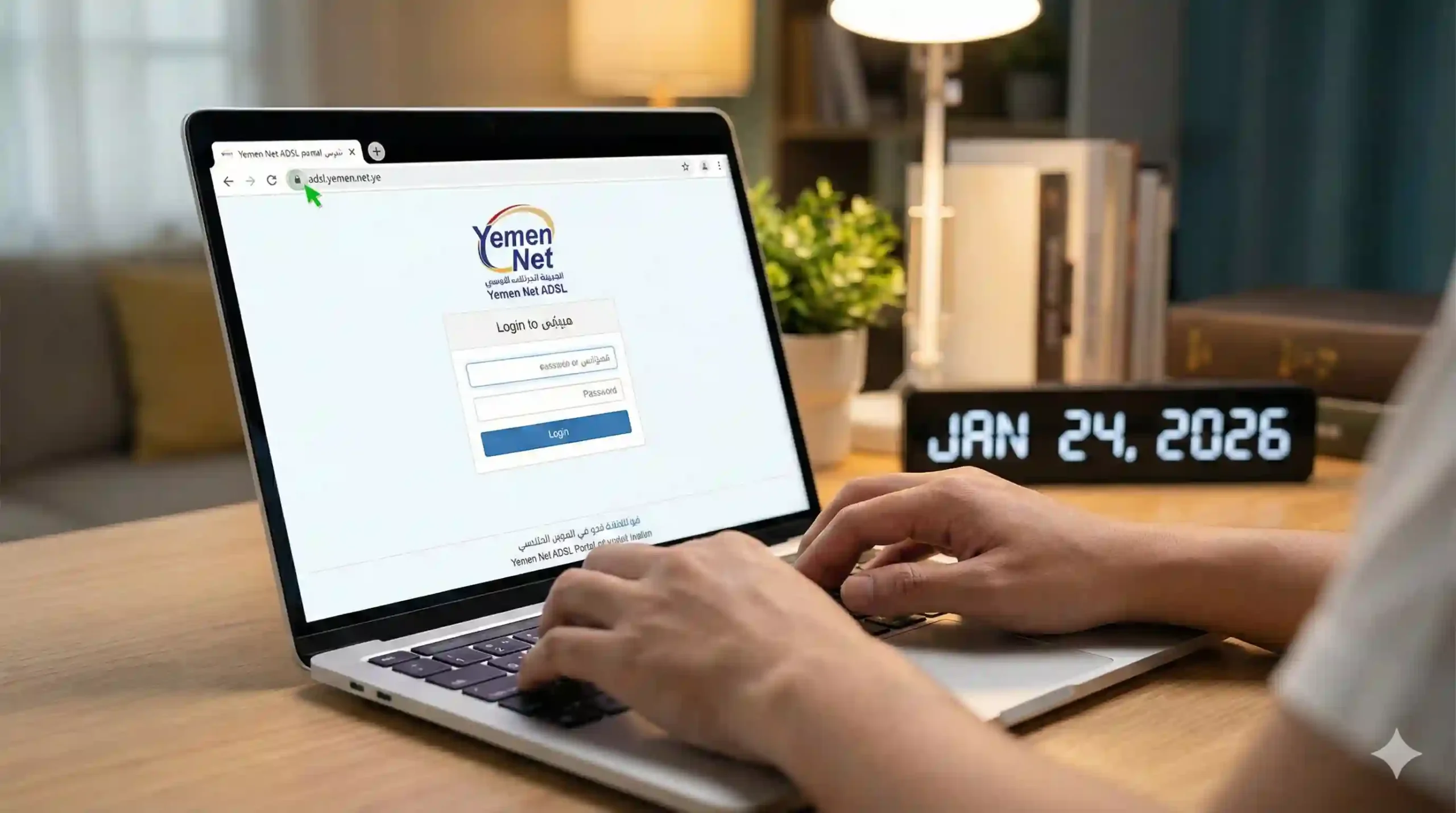 شاشة لابتوب تعرض بوابة يمن نت تسجيل دخول الرسمية الآمنة (adsl yemen net ye) لعام 2026 
