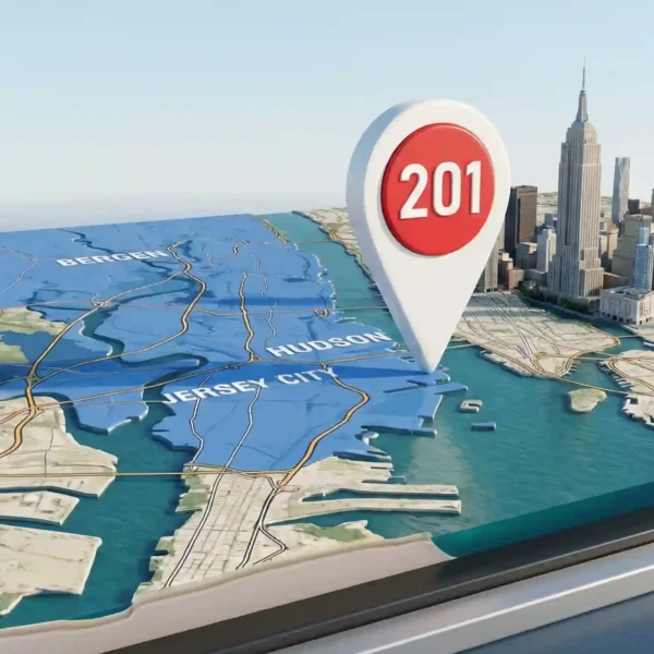 3D map showing the location of 201 area code in Northeastern New Jersey covering Bergen and Hudson counties near NYC 