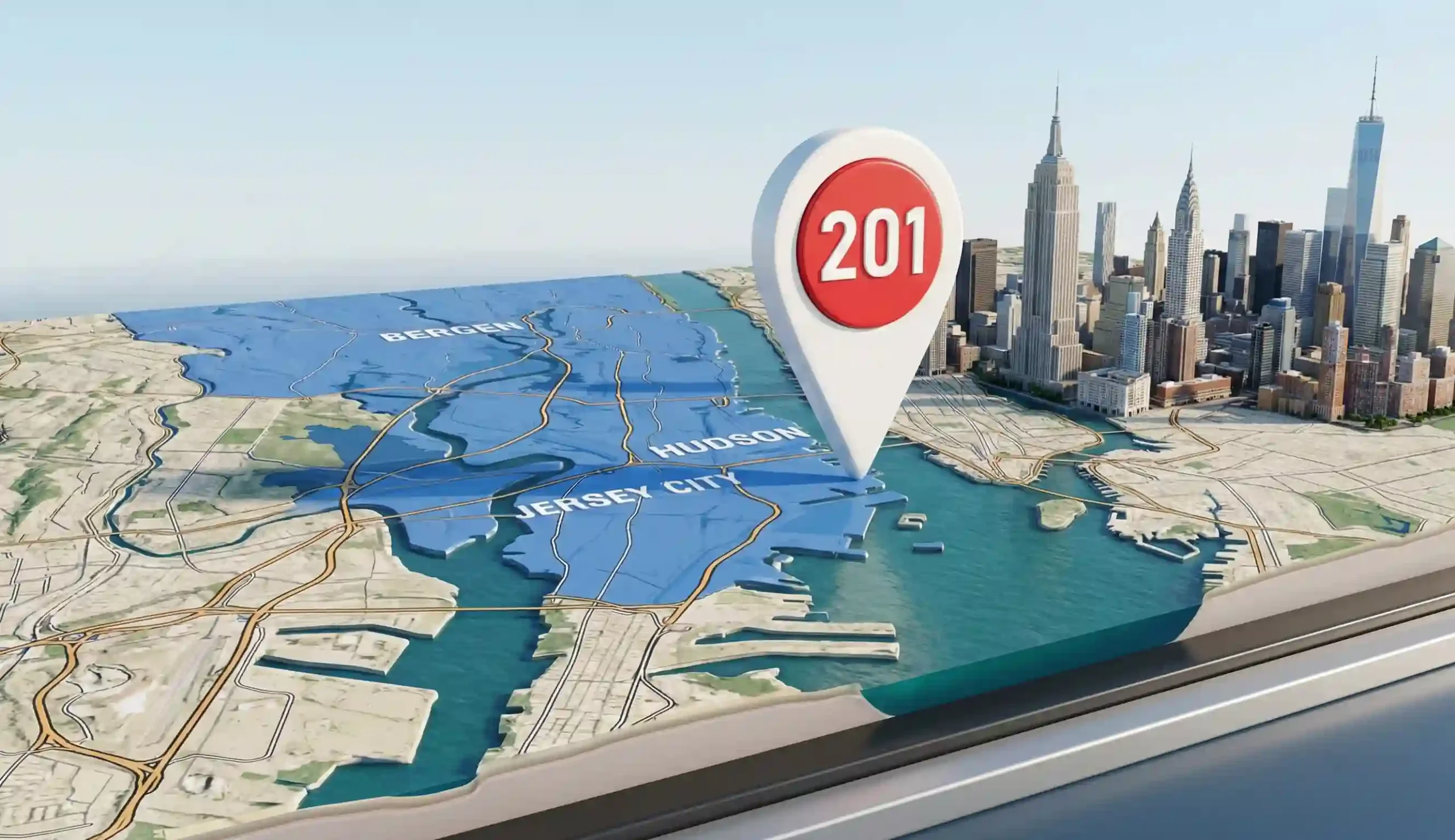 3D map showing the location of 201 area code in Northeastern New Jersey covering Bergen and Hudson counties near NYC 