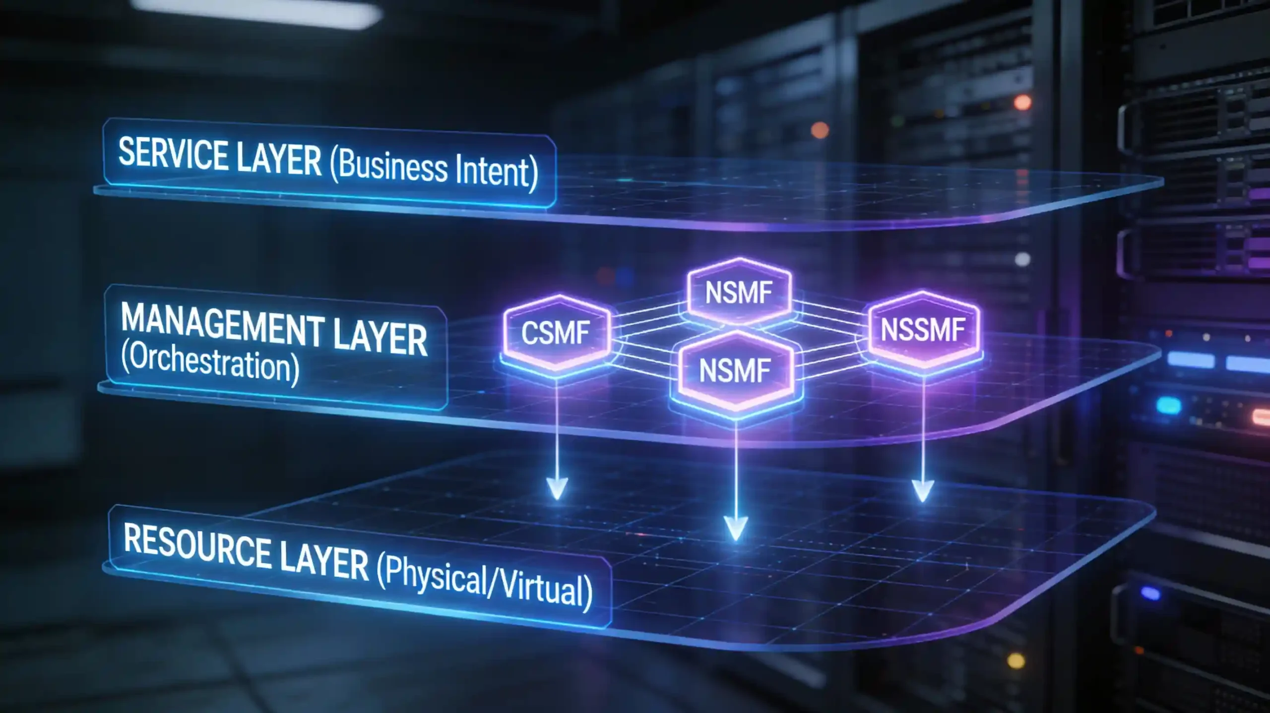 Diagram of 5G Network Slicing Architecture management functions including CSMF, NSMF, and NSSMF