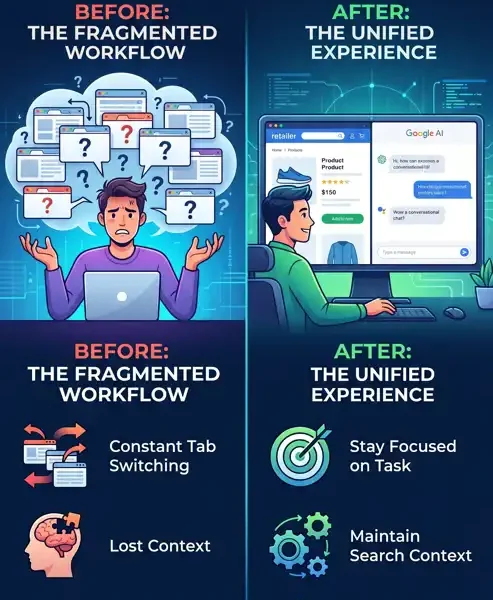 Infographic comparing traditional fragmented tab switching with Google Chrome's new side by side AI Mode, highlighting improved focus and contextual search retention 
