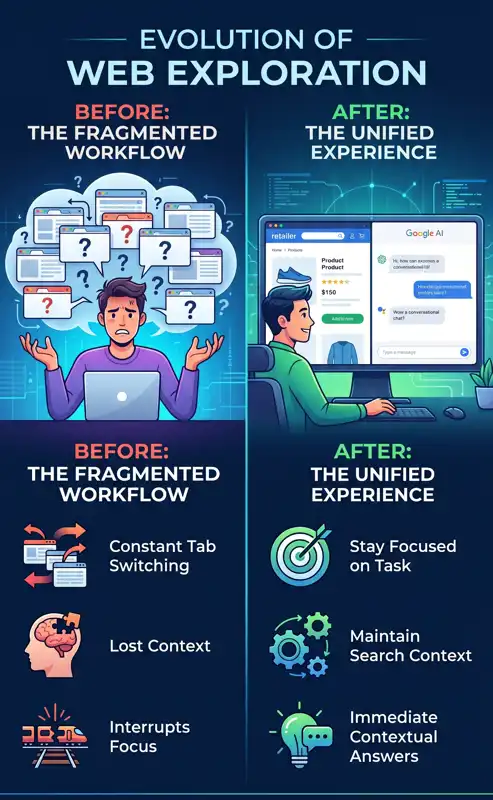 Infographic comparing traditional fragmented tab switching with Google Chrome's new side by side AI Mode, highlighting improved focus and contextual search retention 