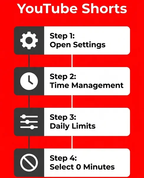 Step by step infographic showing how to hide YouTube Shorts by setting the daily limit to zero minutes in the app settings 