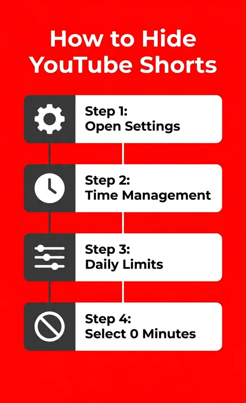 Step by step infographic showing how to hide YouTube Shorts by setting the daily limit to zero minutes in the app settings 