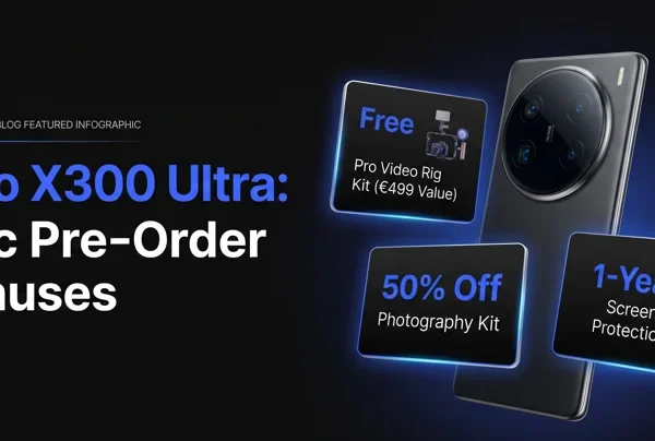 Infographic showcasing the Vivo X300 Ultra global pre order bonuses, including a free €499 pro video rig kit and discounted photography accessories 