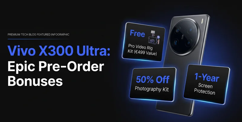 Infographic showcasing the Vivo X300 Ultra global pre order bonuses, including a free €499 pro video rig kit and discounted photography accessories 