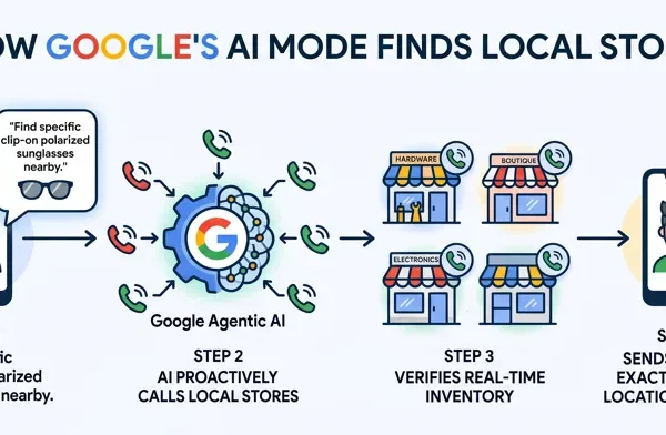 Step by step flowchart showing how Google AI Mode acts as an agentic assistant by proactively calling local stores to verify if specific products are in stock 