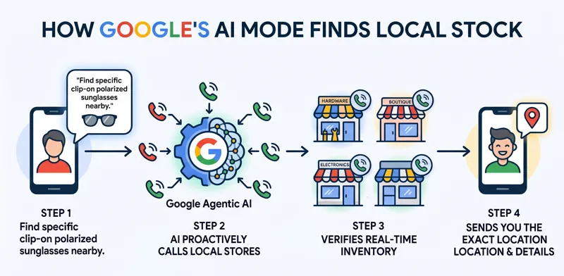 Step by step flowchart showing how Google AI Mode acts as an agentic assistant by proactively calling local stores to verify if specific products are in stock 