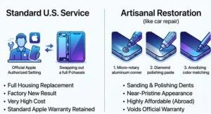 Infographic comparing standard iPhone 17 Pro Max repair and full housing replacement against artisanal aluminum frame restoration techniques 