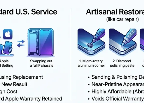 Infographic comparing standard iPhone 17 Pro Max repair and full housing replacement against artisanal aluminum frame restoration techniques 