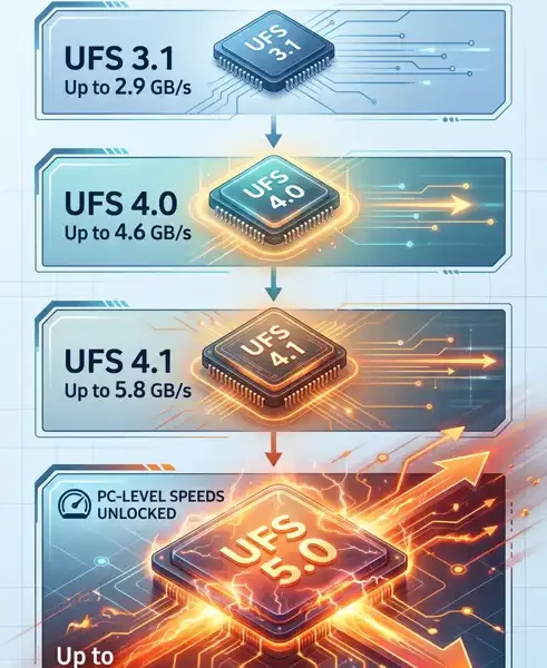 Infographic showing the evolution of smartphone storage speeds from UFS 3 1 at 2 9 GB/s to the rumored Galaxy S27 UFS 5 0 upgrade reaching PC level 10 8 GB/s 