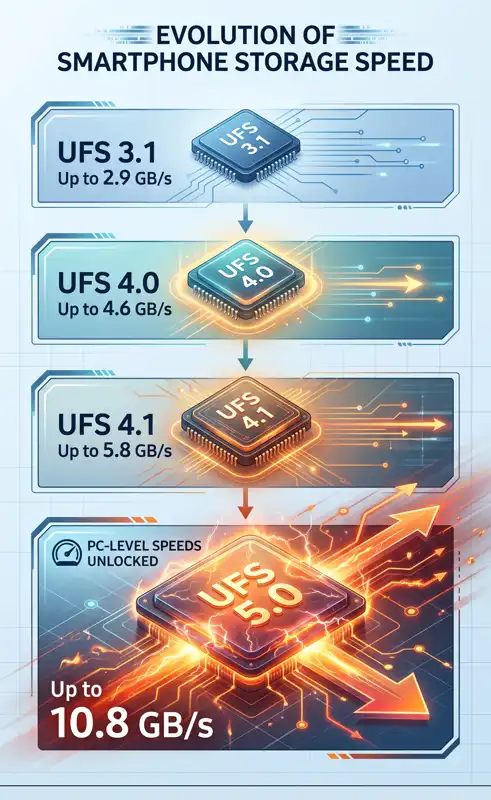 Infographic showing the evolution of smartphone storage speeds from UFS 3 1 at 2 9 GB/s to the rumored Galaxy S27 UFS 5 0 upgrade reaching PC level 10 8 GB/s 