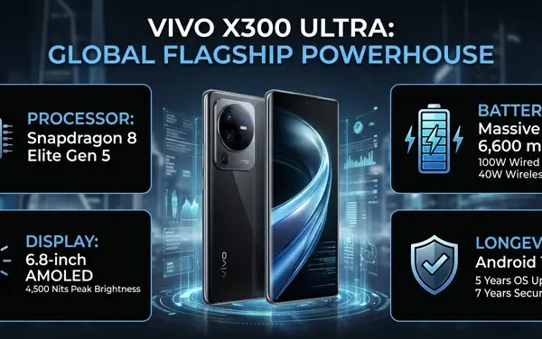 Infographic displaying the Vivo X300 Ultra hardware specifications, including the Snapdragon 8 Elite Gen 5 processor, 6600 mAh battery, and 6 8 inch display 