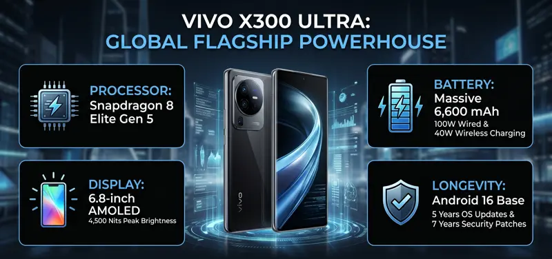 Infographic displaying the Vivo X300 Ultra hardware specifications, including the Snapdragon 8 Elite Gen 5 processor, 6600 mAh battery, and 6 8 inch display 