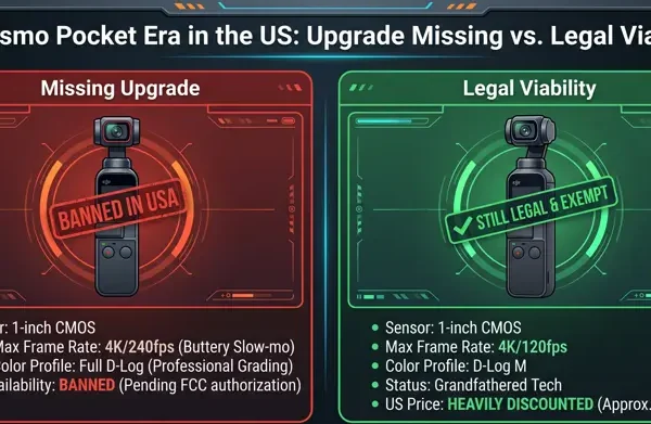 Infographic comparing the banned DJI Osmo Pocket 4 specifications against the legally available and discounted DJI Osmo Pocket 3 in the US market 