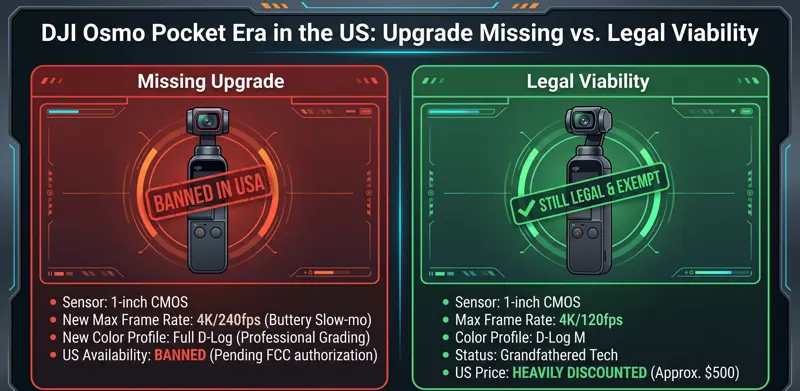 Infographic comparing the banned DJI Osmo Pocket 4 specifications against the legally available and discounted DJI Osmo Pocket 3 in the US market 