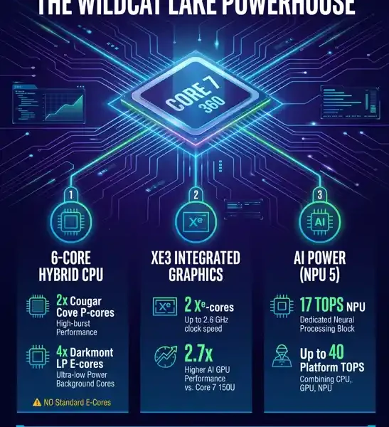 Infographic detailing the Intel Core 7 360 Wildcat Lake architecture, showing the 6 core CPU configuration, Xe3 integrated graphics, and NPU 5 AI capabilities 