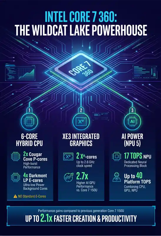 Infographic detailing the Intel Core 7 360 Wildcat Lake architecture, showing the 6 core CPU configuration, Xe3 integrated graphics, and NPU 5 AI capabilities 