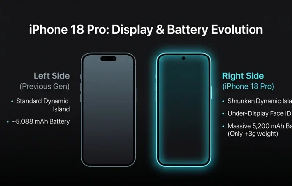 Infographic comparing current iPhone models with the leaked iPhone 18 Pro, highlighting the shrunken Dynamic Island, under display Face ID, and larger battery 