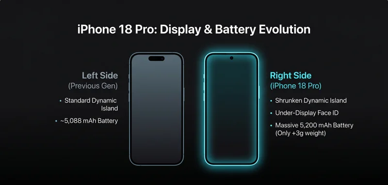 Infographic comparing current iPhone models with the leaked iPhone 18 Pro, highlighting the shrunken Dynamic Island, under display Face ID, and larger battery 