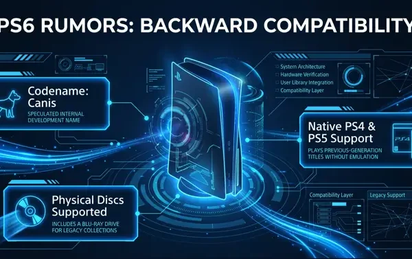 Infographic detailing the next gen PlayStation console backward compatibility rumors, highlighting native PS4 and PS5 game support and the Canis codename leak 