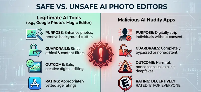 Data visualization infographic from the Tech Transparency Project report revealing 500 million downloads and 122 million dollars in revenue from unregulated AI nudify apps 