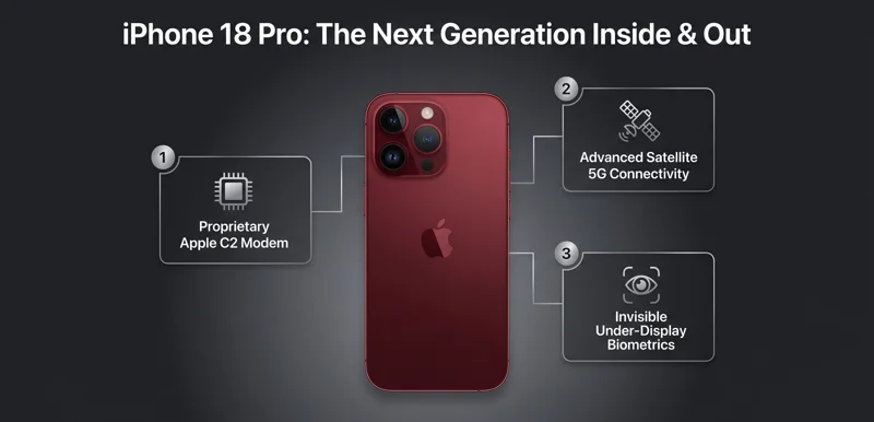 Infographic detailing the iPhone 18 Pro internal upgrades, including the proprietary Apple C2 modem, 5G satellite connectivity, and the rumored deep red hero color.