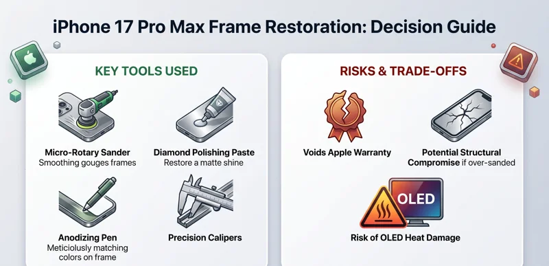 Infographic detailing the key tools used and potential risks involved in aftermarket iPhone 17 Pro Max aluminum frame restoration.