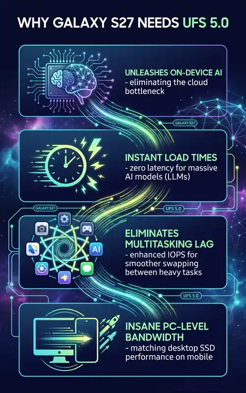 Infographic detailing why the Samsung Galaxy S27 needs UFS 5.0 storage, highlighting benefits like on-device AI execution, instant load times, and eliminated multitasking lag.
