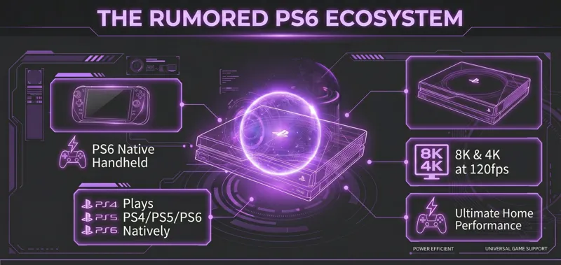 Infographic comparing the rumored next-gen PS6 ecosystem, contrasting the base home console's 8K capabilities with the leaked PS6 handheld specs for native portable gaming.