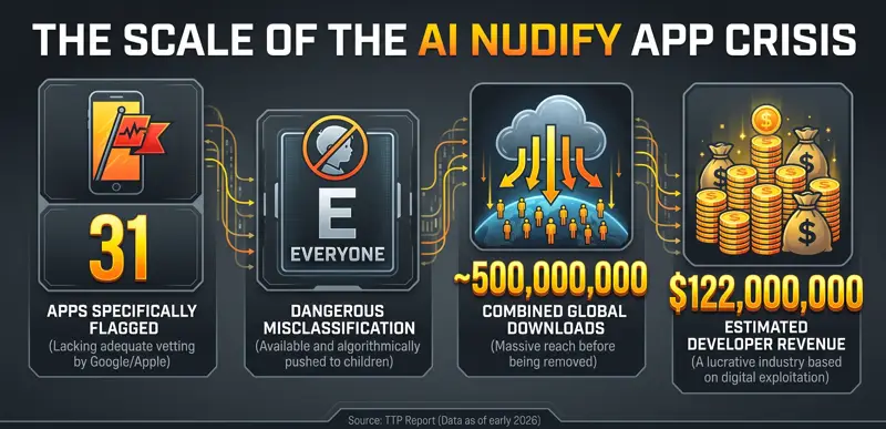 Data visualization infographic from the Tech Transparency Project report revealing 500 million downloads and 122 million dollars in revenue from unregulated AI nudify apps.