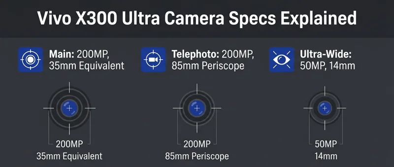 Technical infographic detailing the Vivo X300 Ultra triple-camera system, highlighting the 200MP 35mm main lens and 200MP 85mm periscope telephoto lens.