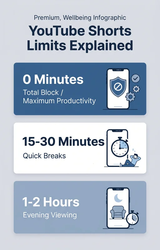 Comparison chart of YouTube Shorts feed limit options, highlighting zero minutes for a total block and 15 to 120 minutes for quick breaks.