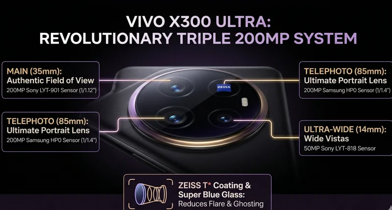 Detailed infographic of the Vivo X300 Ultra camera module, highlighting the 35mm 200MP main sensor, 85mm 200MP telephoto lens, and Zeiss optics.