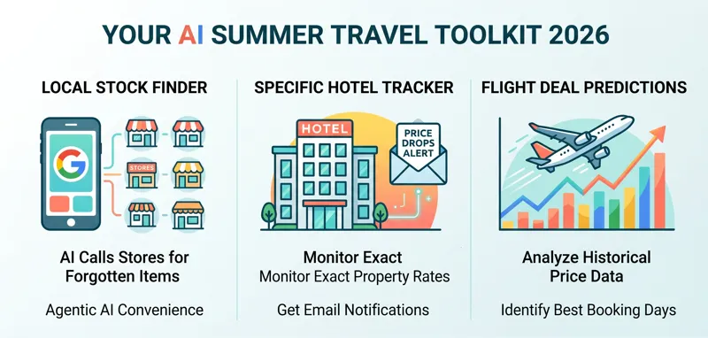 Infographic displaying Google AI travel features for 2026, including the local stock finder, specific hotel price tracker, and flight deal predictions.
