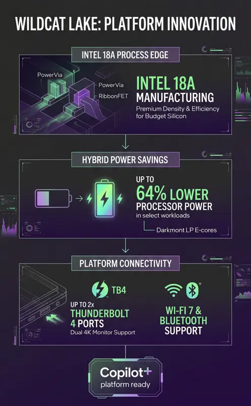 Infographic illustrating the benefits of the Intel 18A process node on the Wildcat Lake platform, featuring up to 64 percent lower power consumption, Wi-Fi 7, and Thunderbolt 4 support.