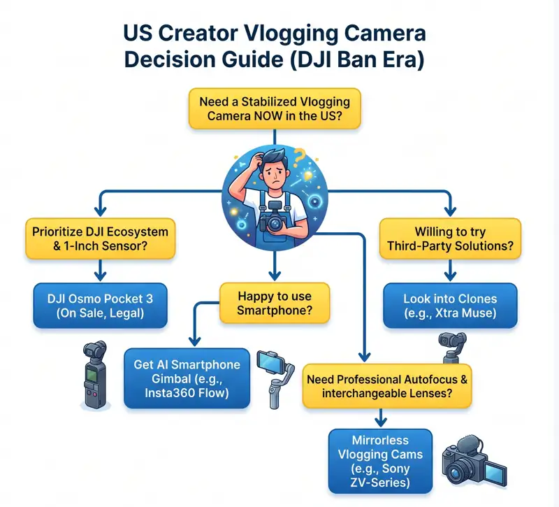 Flowchart decision guide illustrating the best vlogging camera alternatives for US content creators following the DJI Osmo Pocket 4 FCC ban.